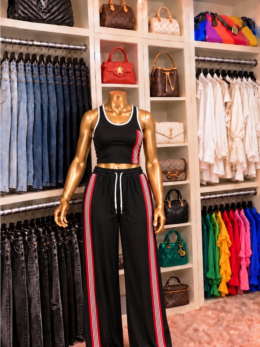 Women's Black & Red Striped Track Set